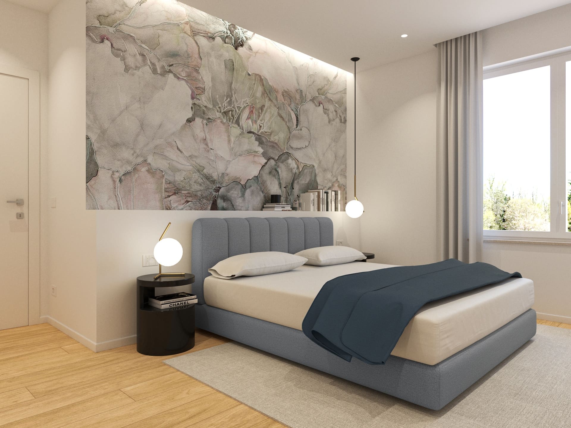 Camera da letto con carta da parati